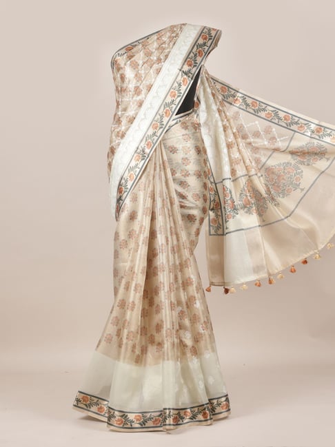 Pothys Beige Linen Printed Saree With Unstitched Blouse Price in India