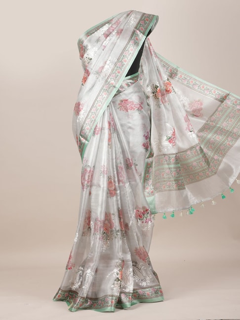 Pothys Silver Linen Printed Saree With Unstitched Blouse Price in India