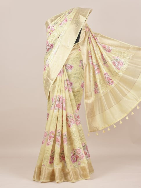 Pothys Yellow Linen Printed Saree With Unstitched Blouse Price in India