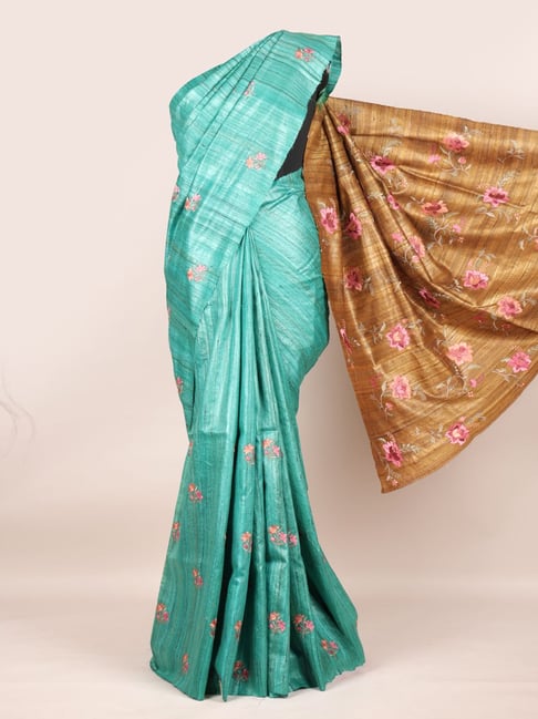 Pothys Blue Silk Printed Saree With Unstitched Blouse Price in India