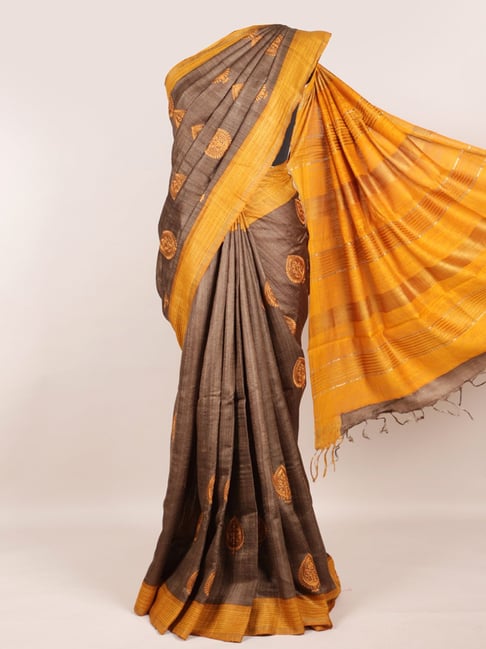 Pothys Brown & Yellow Silk Printed Saree With Unstitched Blouse Price in India