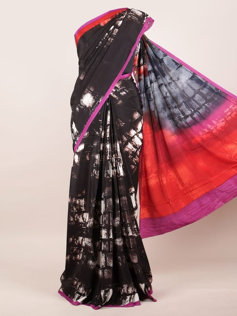 Pothys Black Silk Printed Saree With Unstitched Blouse Price in India