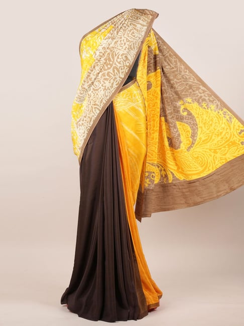 Pothys Yellow & Black Silk Printed Saree With Unstitched Blouse Price in India