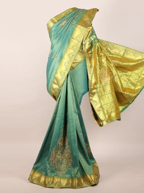 Pothys Green Silk Embellished Saree With Unstitched Blouse Price in India