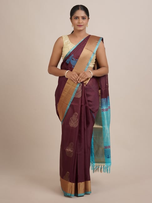 Pothys Brown & Blue Silk Woven Saree With Unstitched Blouse Price in India