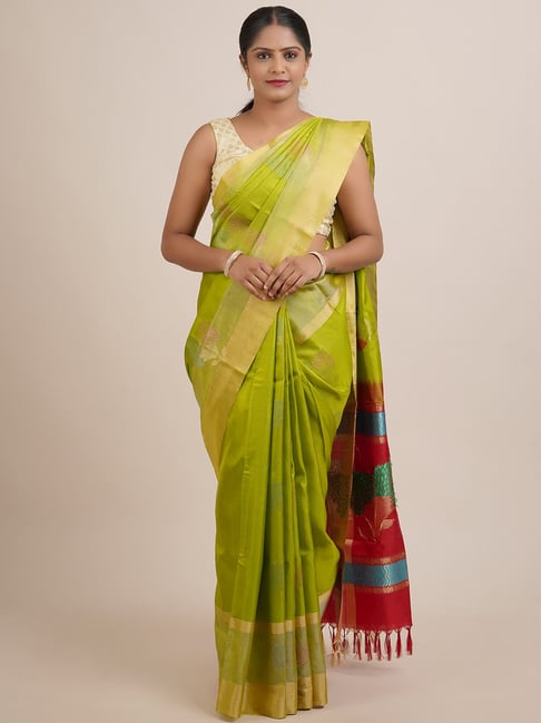 Pothys Green & Pink Silk Woven Saree With Unstitched Blouse Price in India