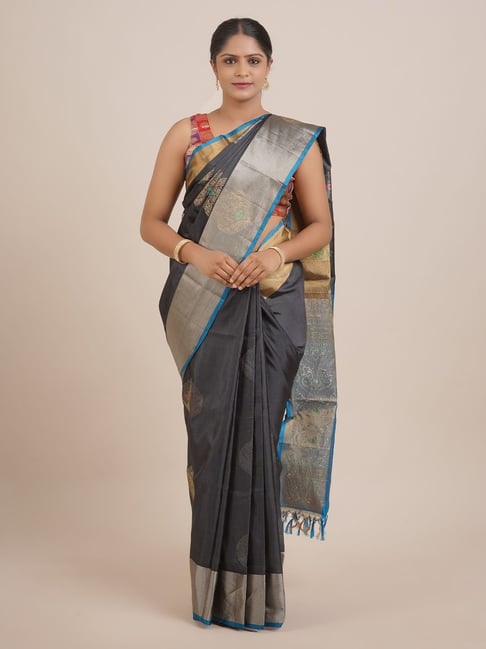 Pothys Grey & Blue Silk Woven Saree With Unstitched Blouse Price in India