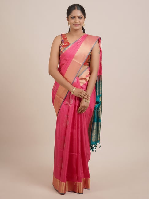 Pothys Pink & Blue Silk Woven Saree With Unstitched Blouse Price in India