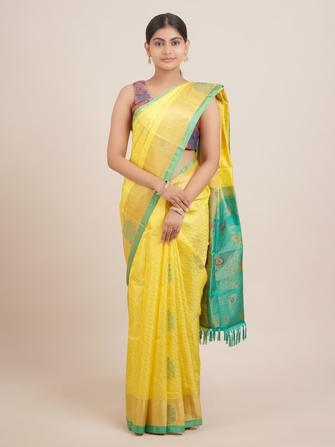 Pothys Yellow & Green Silk Woven Saree With Unstitched Blouse Price in India