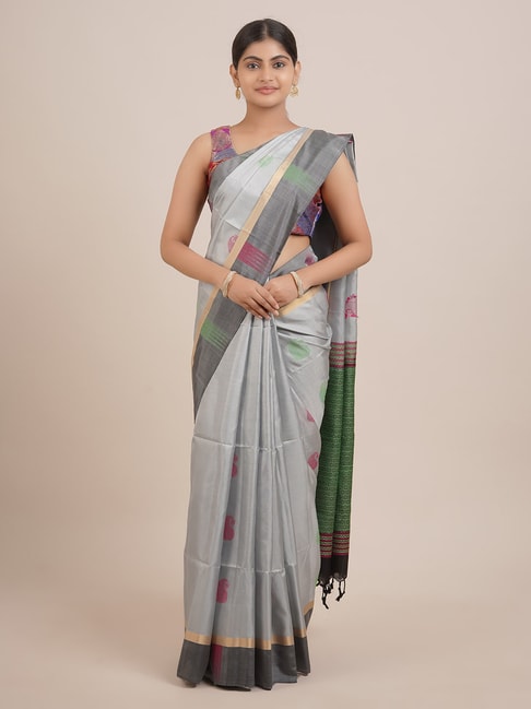 Pothys Grey & Green Silk Woven Saree With Unstitched Blouse Price in India
