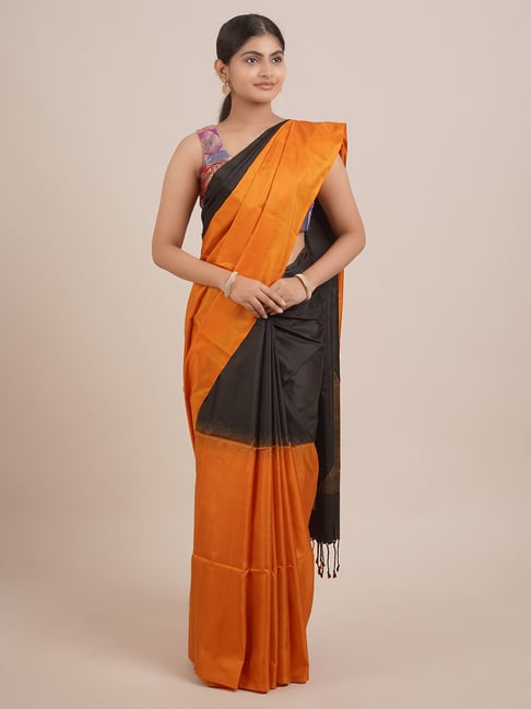 Pothys Orange & Black Silk Woven Saree With Unstitched Blouse Price in India