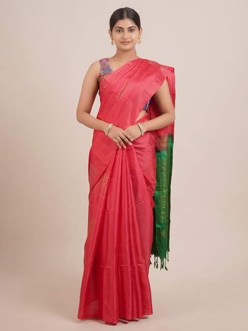Pothys Pink & Green Silk Woven Saree With Unstitched Blouse Price in India