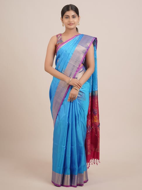 Pothys Blue & Pink Silk Woven Saree With Unstitched Blouse Price in India