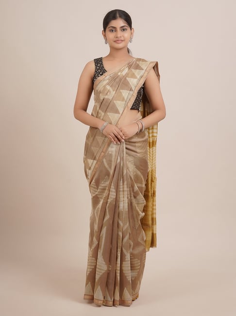 Pothys Beige & Green Cotton Printed Saree With Unstitched Blouse Price in India