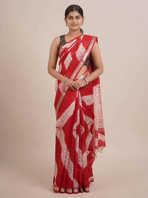 Pothys Red Cotton Printed Saree With Unstitched Blouse Price in India