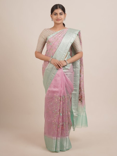 Pothys Pink & Green Silk Embroidered Saree With Unstitched Blouse Price in India
