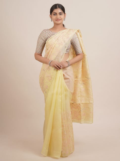 Pothys Yellow Silk Embroidered Saree With Unstitched Blouse Price in India