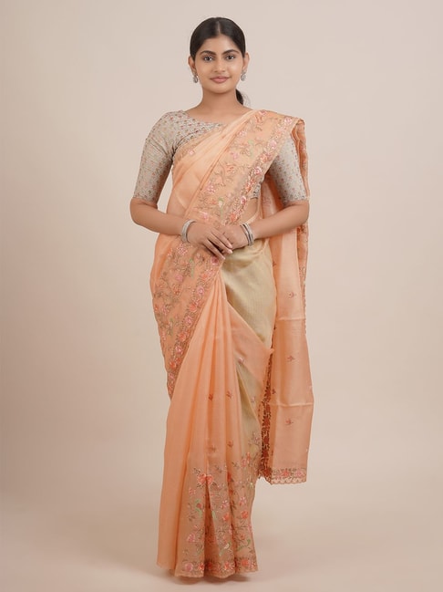 Pothys Orange Silk Embroidered Saree With Unstitched Blouse Price in India