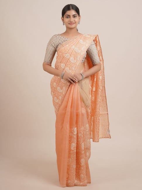 Pothys Orange Silk Embroidered Saree With Unstitched Blouse Price in India