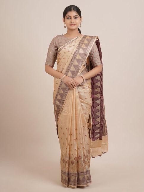 Pothys Beige & Brown Silk Embroidered Saree With Unstitched Blouse Price in India