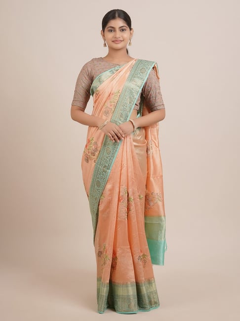 Pothys Peach & Green Silk Embroidered Saree With Unstitched Blouse Price in India