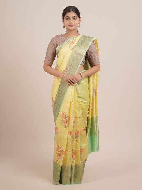 Pothys Yellow & Green Silk Embroidered Saree With Unstitched Blouse Price in India