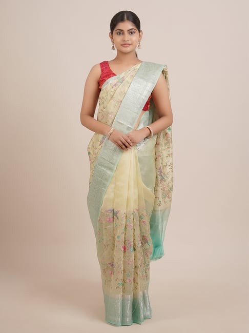 Pothys Beige & Green Silk Embroidered Saree With Unstitched Blouse Price in India