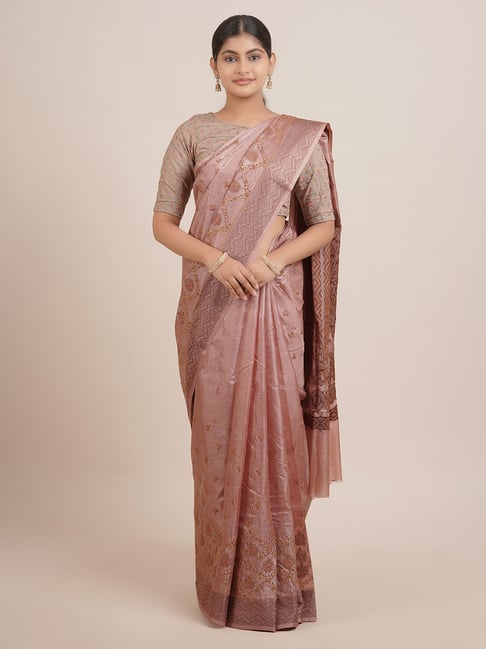 Pothys Pink Silk Embroidered Saree With Unstitched Blouse Price in India