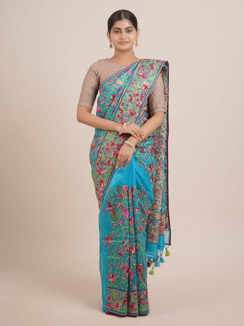 Pothys Blue Silk Embroidered Saree With Unstitched Blouse Price in India