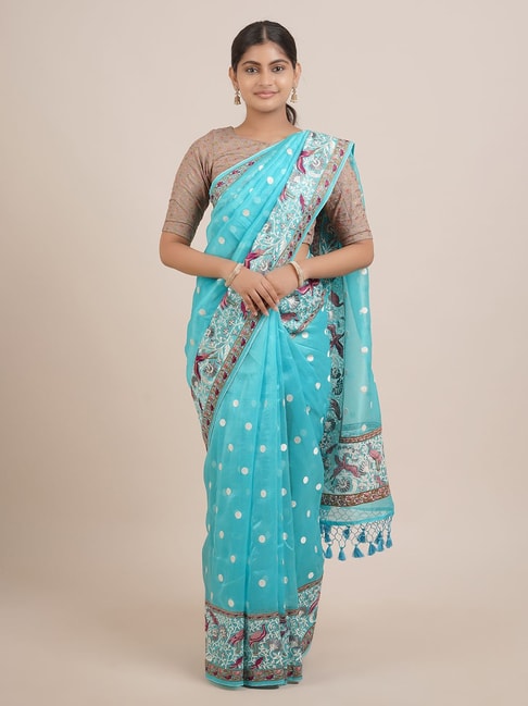 Pothys Blue Silk Embroidered Saree With Unstitched Blouse Price in India
