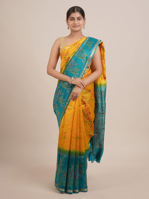 Pothys Yellow & Green Silk Woven Saree With Unstitched Blouse Price in India