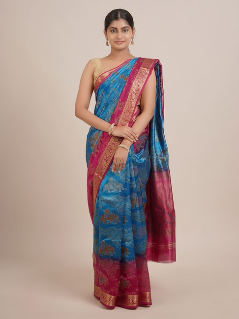 Pothys Blue & Pink Silk Woven Saree With Unstitched Blouse Price in India