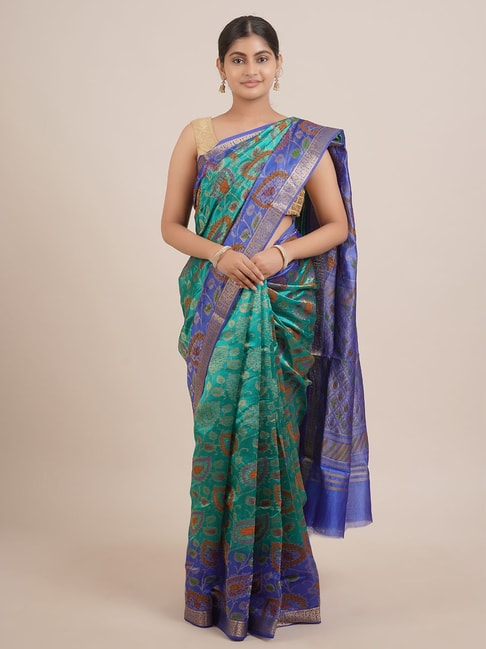 Pothys Green & Blue Silk Woven Saree With Unstitched Blouse Price in India