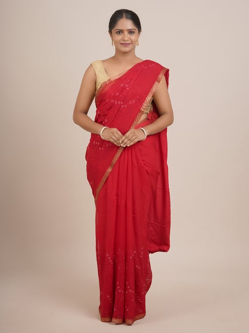 Pothys Red Silk Embellished Saree With Unstitched Blouse Price in India