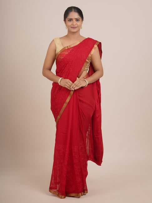 Pothys Red Silk Embroidered Saree With Unstitched Blouse Price in India