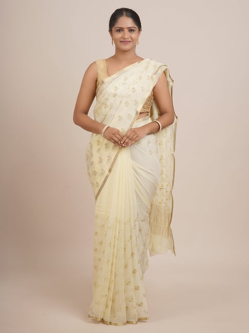 Pothys Yellow Silk Embellished Saree With Unstitched Blouse Price in India