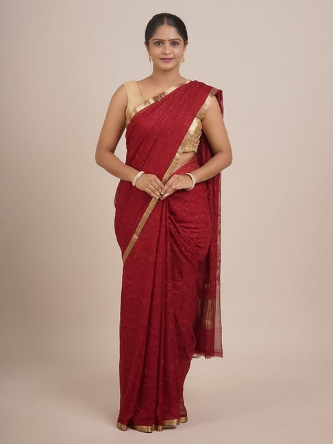 Pothys Maroon Silk Embroidered Saree With Unstitched Blouse Price in India