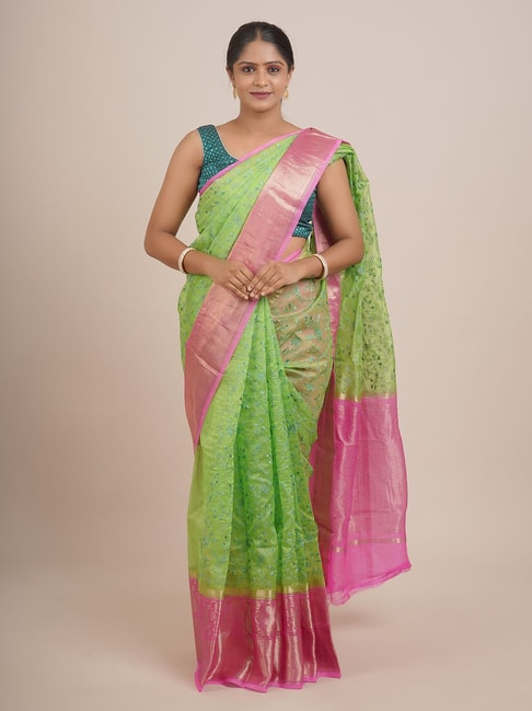 Pothys Green & Pink Silk Embroidered Saree With Unstitched Blouse Price in India