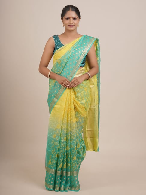 Pothys Green & Yellow Silk Embroidered Saree With Unstitched Blouse Price in India