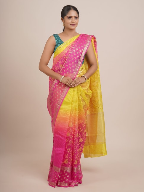 Pothys Pink & Yellow Silk Embroidered Saree With Unstitched Blouse Price in India