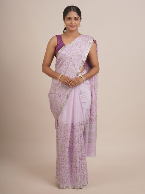 Pothys Purple Silk Embroidered Saree With Unstitched Blouse Price in India