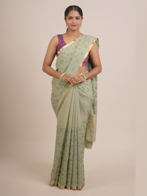 Pothys Green Silk Embroidered Saree With Unstitched Blouse Price in India