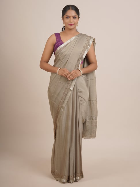 Pothys Grey Silk Embellished Saree With Unstitched Blouse Price in India