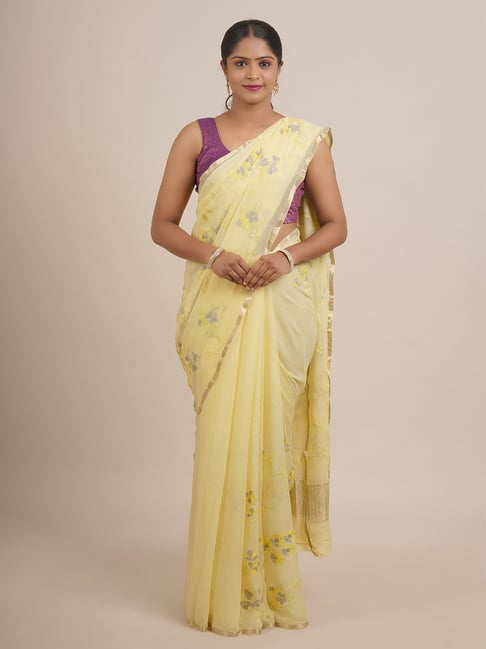 Pothys Yellow Silk Embroidered Saree With Unstitched Blouse Price in India