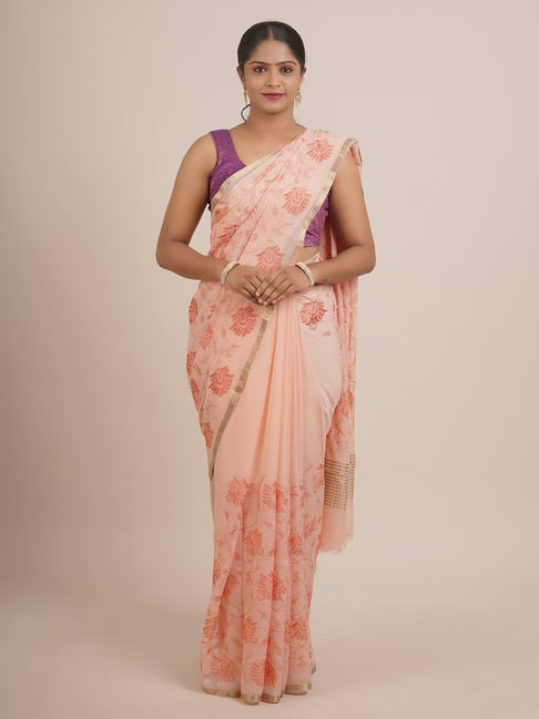 Pothys Orange Silk Embellished Saree With Unstitched Blouse Price in India