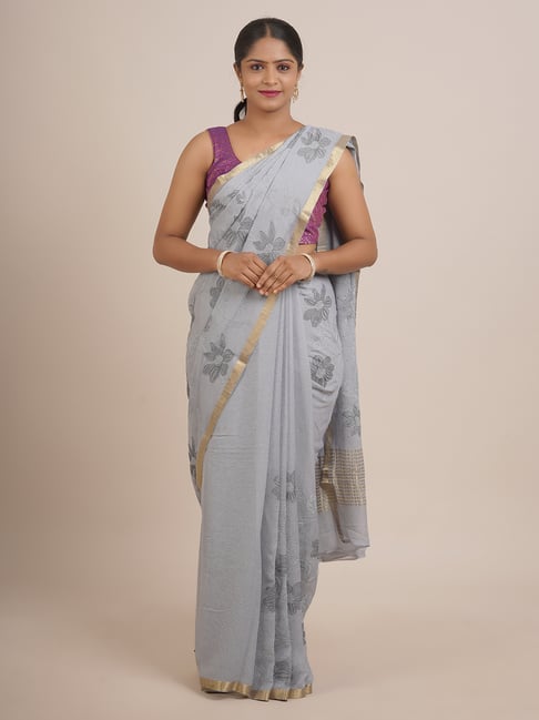 Pothys Grey Silk Embellished Saree With Unstitched Blouse Price in India