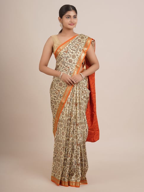 Pothys Beige & Orange Silk Printed Saree With Unstitched Blouse Price in India