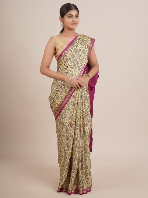 Pothys Beige & Purple Silk Printed Saree With Unstitched Blouse Price in India