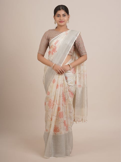 Pothys Beige & Pink Silk Printed Saree With Unstitched Blouse Price in India
