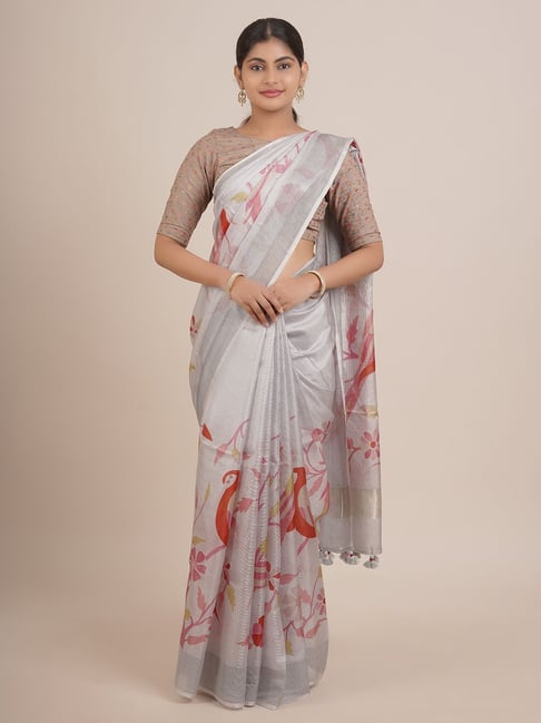 Pothys Grey Silk Printed Saree With Unstitched Blouse Price in India